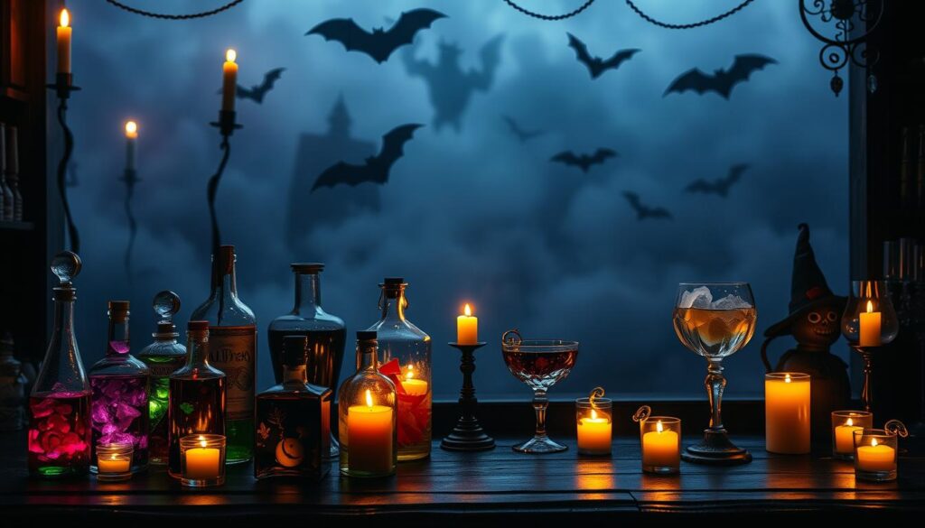A spooky and enchanting Halloween bar scene, with an array of mystical potions, elixirs, and bewitching beverages. In the dimly lit foreground, glass bottles filled with iridescent liquids in vibrant hues of purple, green, and orange sit atop a dark wooden counter, their contents bubbling and swirling. Eerie candles flicker, casting an otherworldly glow and deep shadows across the scene. In the middle ground, antique glassware and ornate chalices hold mysterious concoctions, their surfaces reflecting the flickering candlelight. The background is shrouded in a misty, fog-like atmosphere, with silhouettes of bats and haunting shapes in the distance, creating an air of mystery and the supernatural.