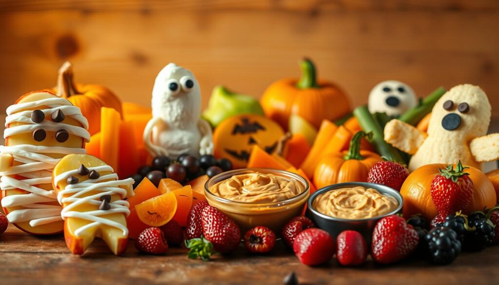 Photorealistic image of an assortment of healthy Halloween treats, lit by warm, soft lighting. In the foreground, an arrangement of natural, organic snacks like sliced apple "mummies" with yogurt bandages, banana "ghosts" with chocolate chip eyes, and vegetable sticks with hummus "pumpkin" dip. In the middle ground, a variety of colorful, nutrient-dense fruits and berries, such as orange slices, grapes, and strawberries, arranged in a spooky, festive manner. The background features a simple, rustic setting with a wooden table or surface, hinting at a cozy, homemade feel. The overall scene conveys a sense of whimsy and delight, encouraging kids to enjoy healthier Halloween treats.